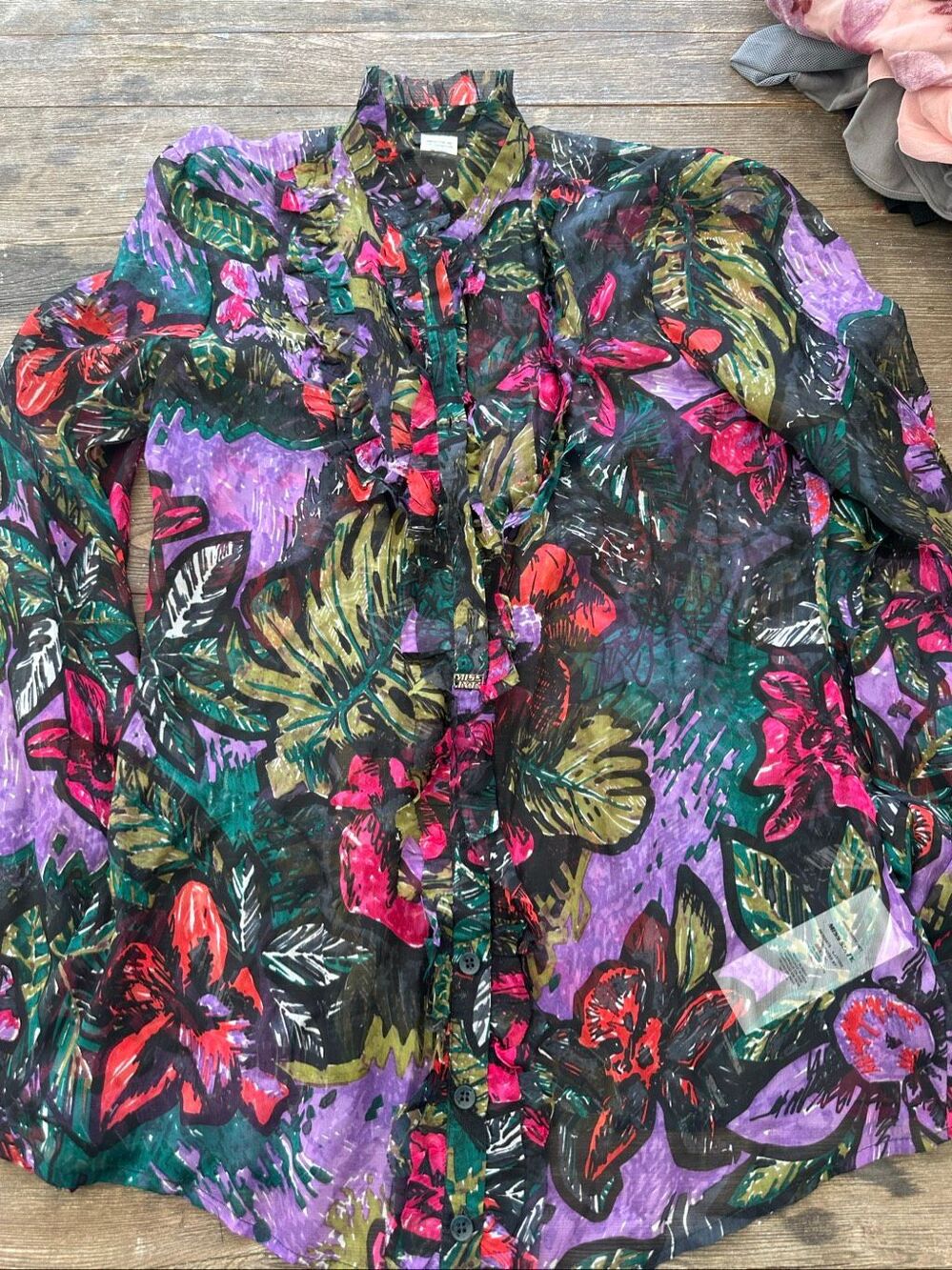 Miss Sixty 100% Silk Floral Ruffle Blouse Women’s L Sheer Tropical Y2K Boho